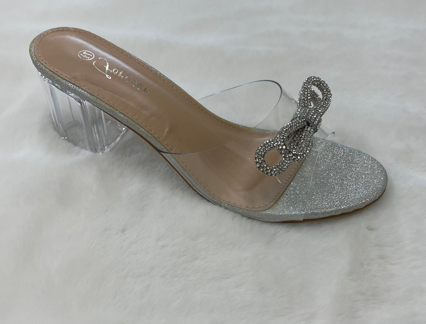 Forever Notary Rhinestone Bow Clear Chunky Heel