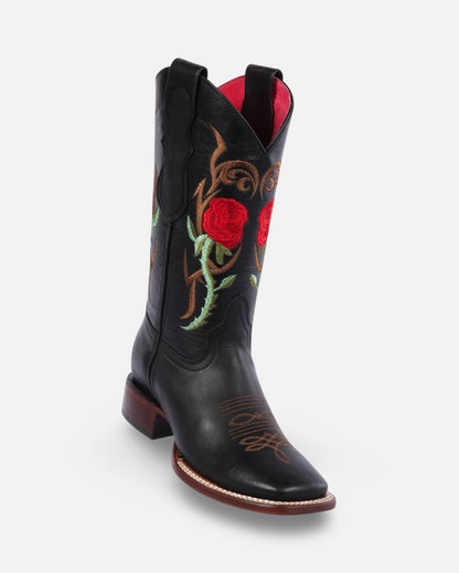 Quincy Boots Black and Red Roses Wide Square Toe Boot