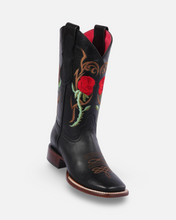 Load image into Gallery viewer, Quincy Boots Black and Red Roses Wide Square Toe Boot
