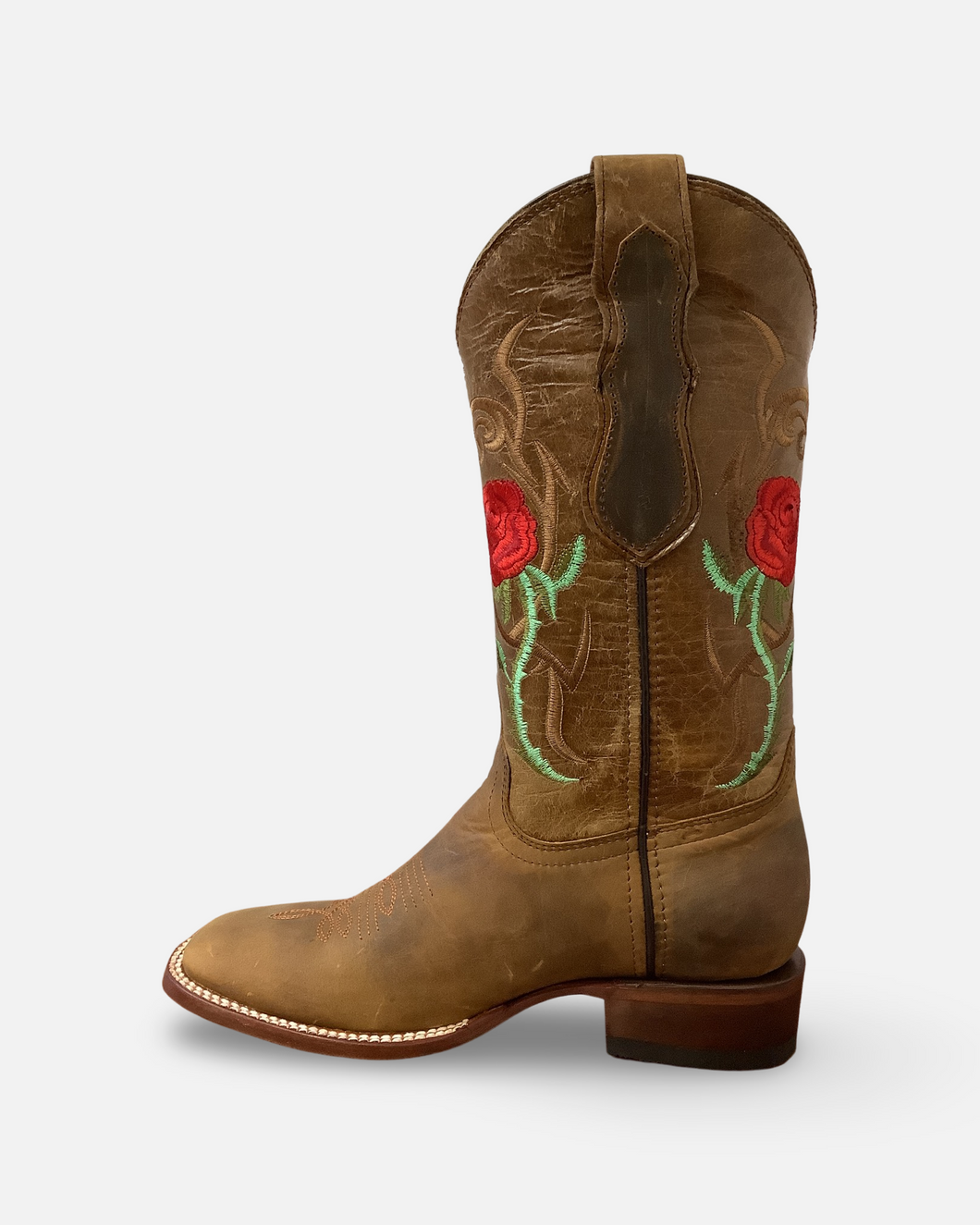 Quincy Boots Tan and Red Roses Wide Square Toe Boot