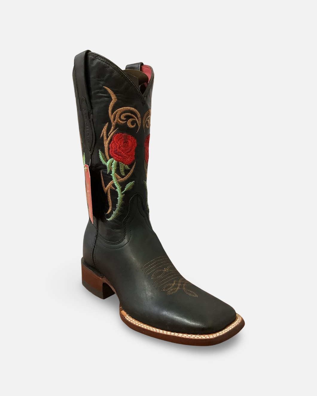 Quincy Boots Black and Red Roses Wide Square Toe Boot