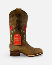 Load image into Gallery viewer, Quincy Boots Tan and Red Roses Wide Square Toe Boot
