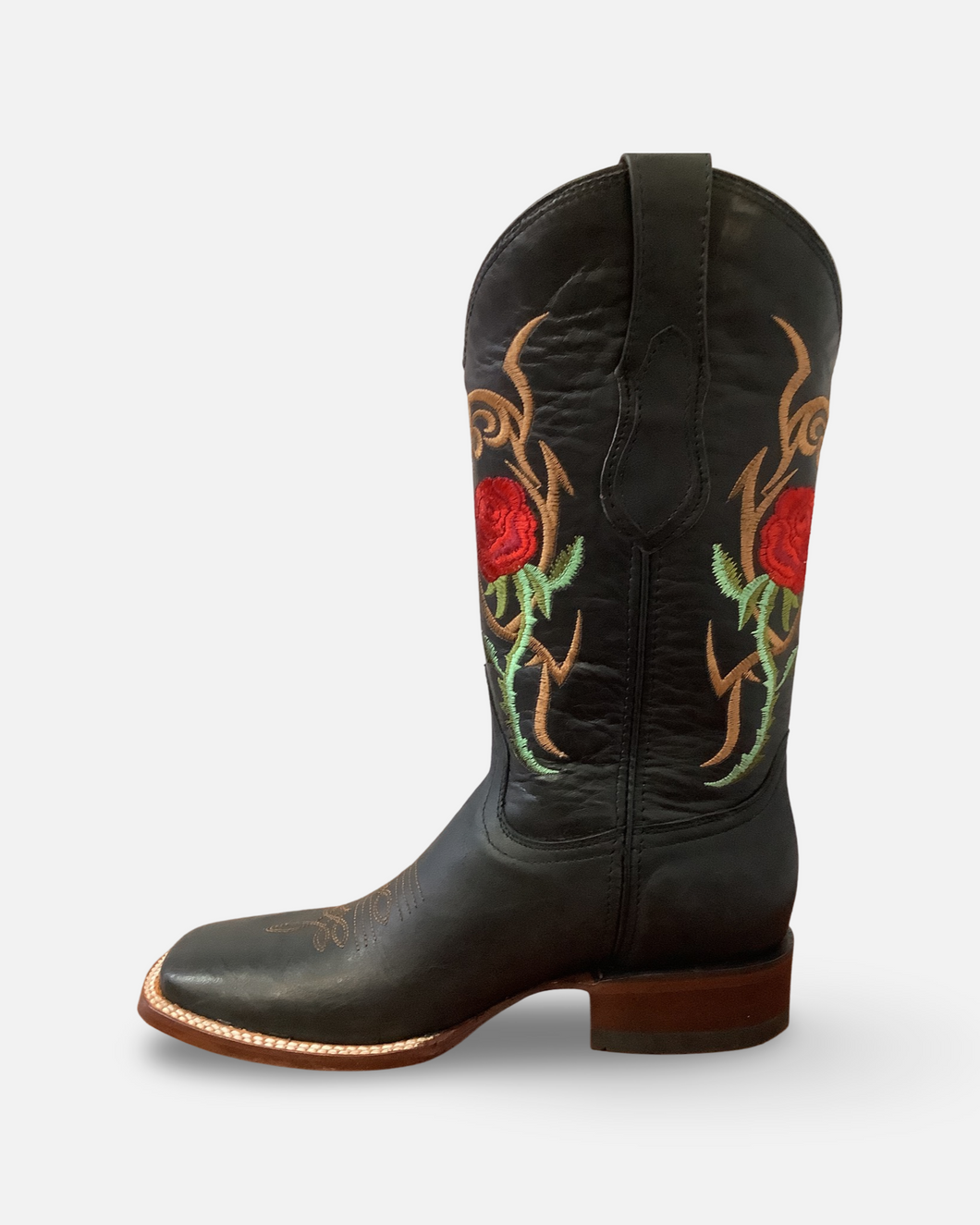 Quincy Boots Black and Red Roses Wide Square Toe Boot