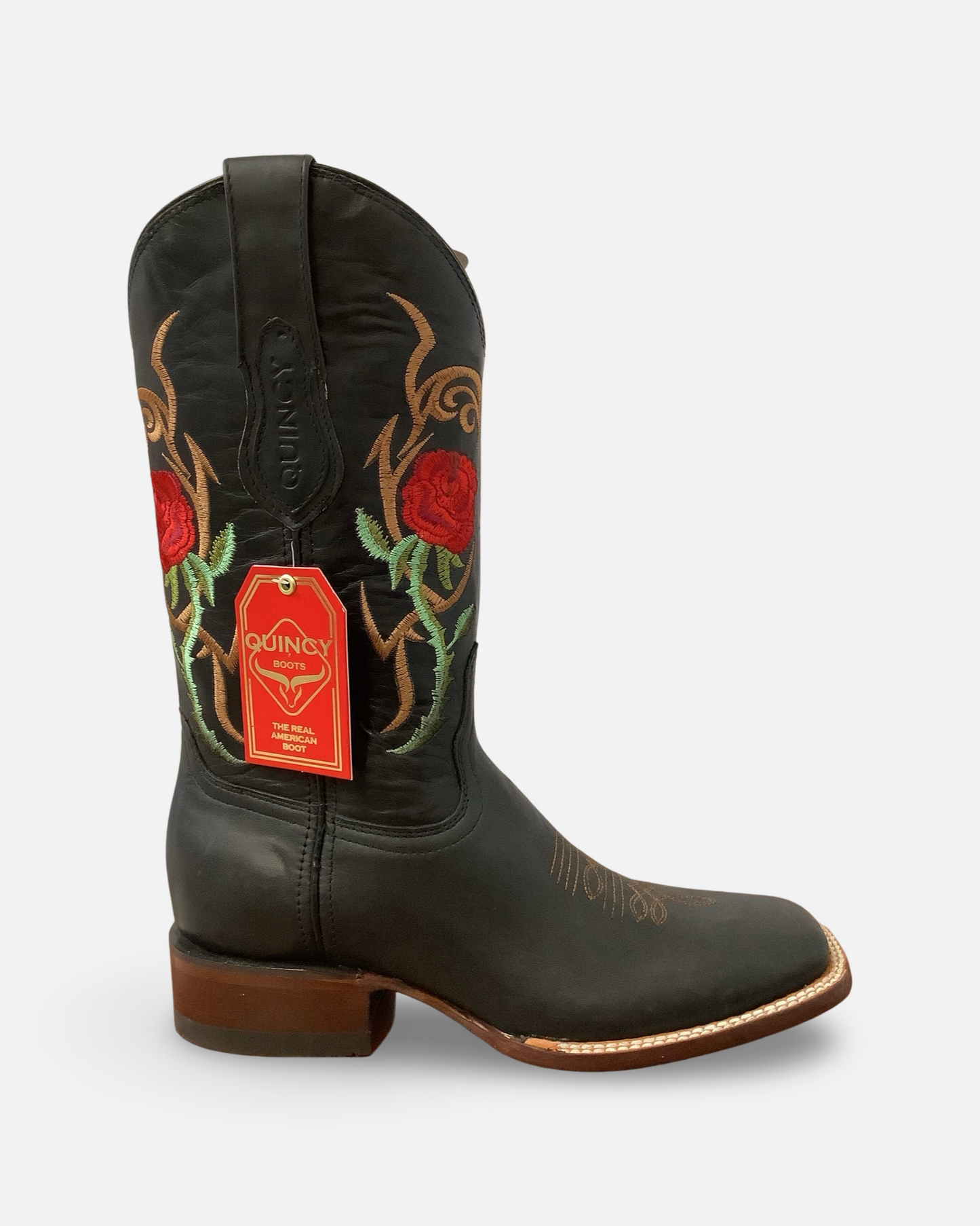 Quincy Boots Black and Red Roses Wide Square Toe Boot
