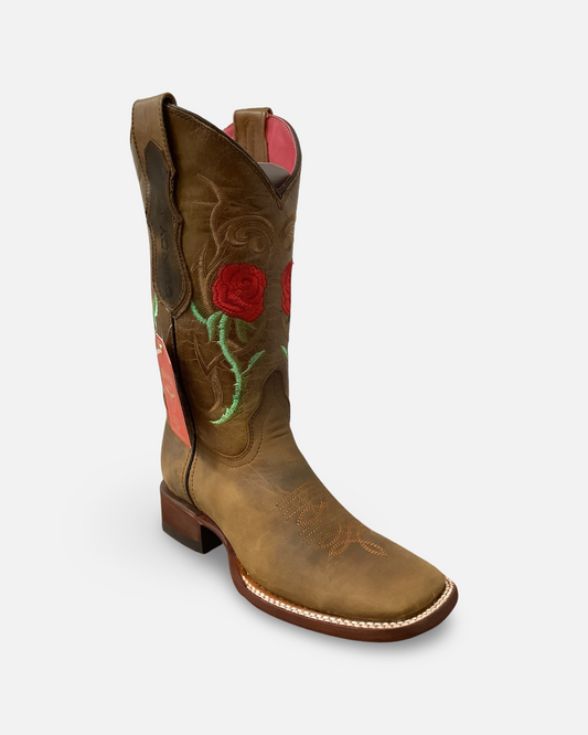 Quincy Boots Honey/ Red Roses Wide Square Toe Boot On Sale*