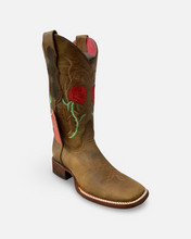 Load image into Gallery viewer, Quincy Boots Tan and Red Roses Wide Square Toe Boot
