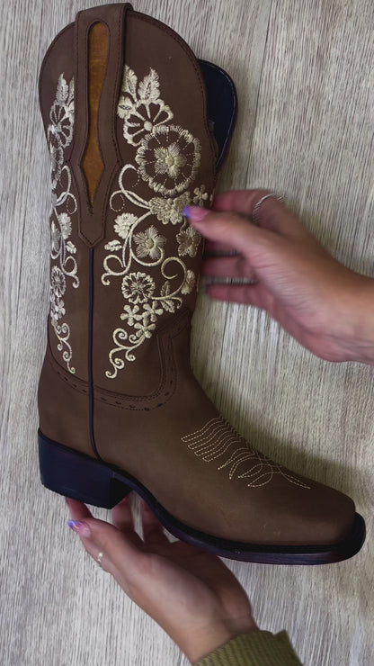 Arles Floral Stitch Brown Western Women Boot