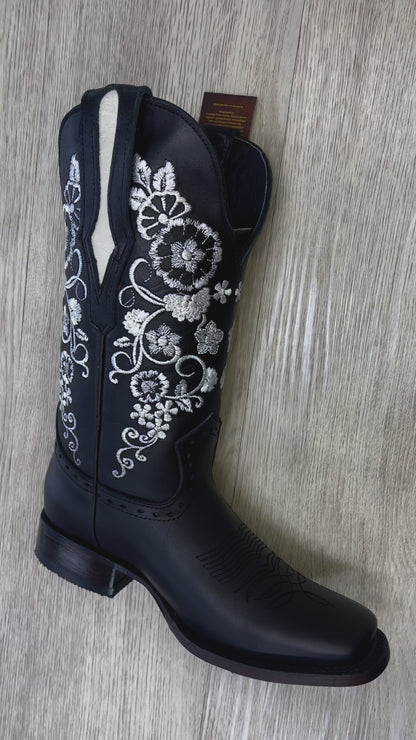 Arles Floral Stitch Black Western Women Boot