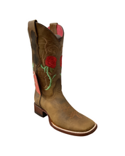 Load image into Gallery viewer, Quincy Boots Tan and Red Roses Wide Square Toe Boot
