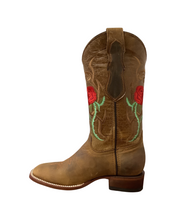 Load image into Gallery viewer, Quincy Boots Tan and Red Roses Wide Square Toe Boot
