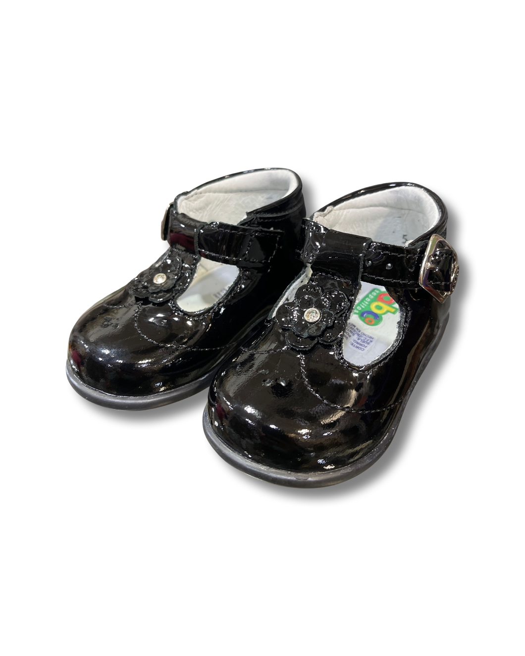 ABC Black Patent W/ Single Flower Rhinestone Leather Kid Shoe