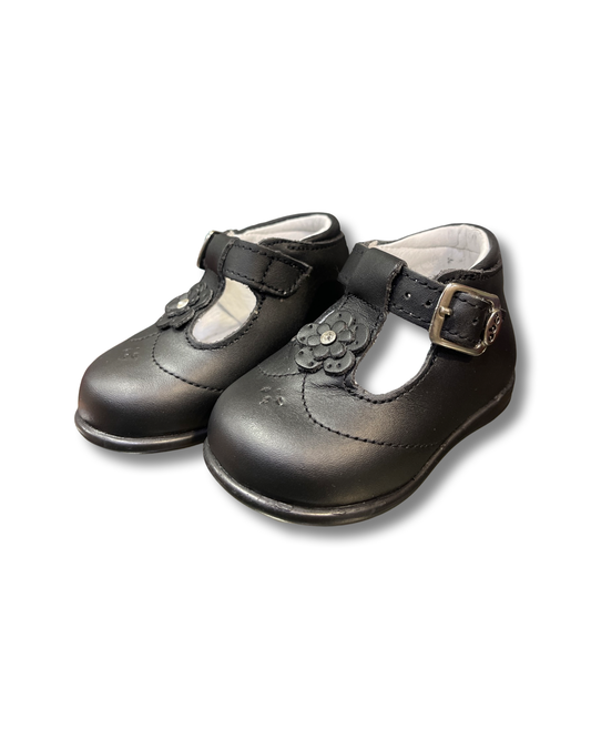 ABC Black T  W/ Single Flower Rhinestone Leather Kid Shoe