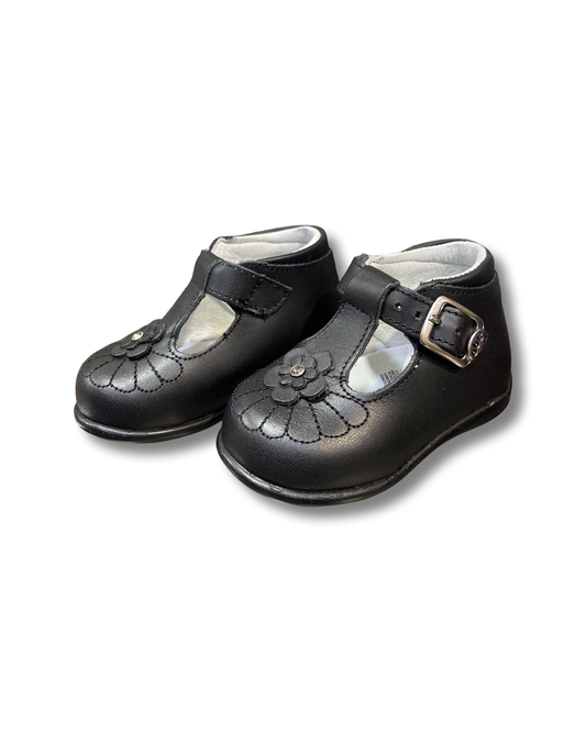 ABC Black W/ Single Flower Leather Kid Shoe